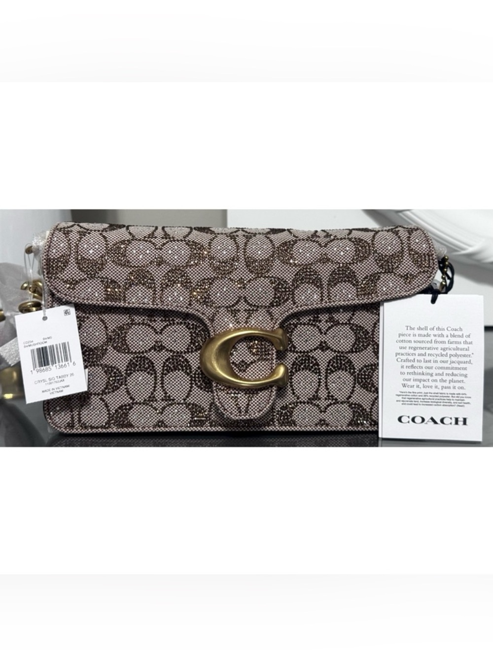 COACH Tabby Shoulder Bag 26 In CRYSTAL Signature Jacquard, Bronze/ Mushroom